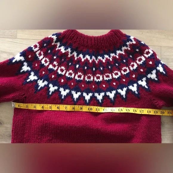 Vintage 1980’s Hand-knit Wool Red and White Crew Neck Sweater, Fair Isle Pattern - Picture 3 of 5